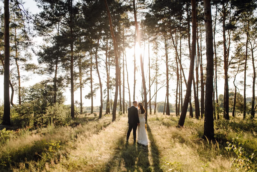 Photo romantique au milieu des arbres pour un mariage.